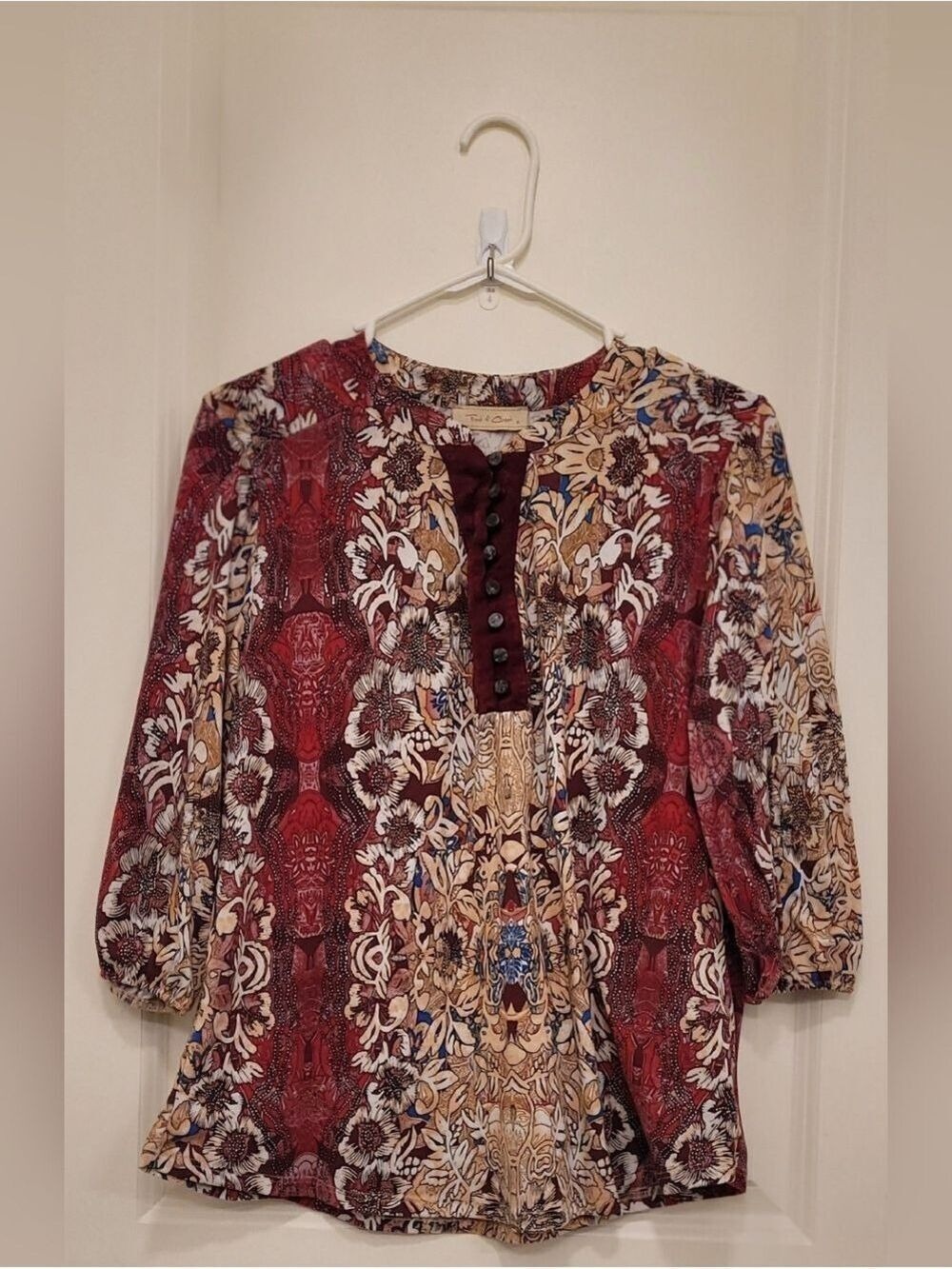 Boho Floral Button-Front Tunic in Burgundy and Cream